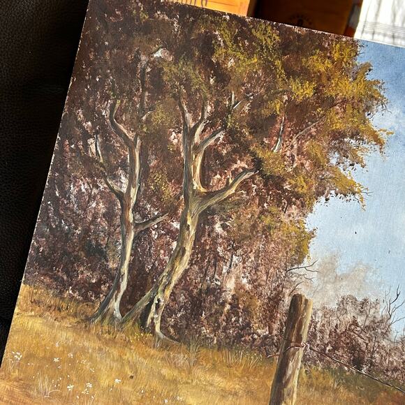 Mid Century Oil Painting Landscape Original Art farmhouse Fence Meadow - Picture 2 of 7